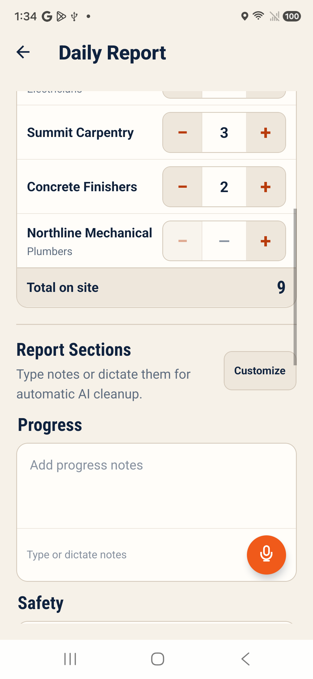 BuildMinute™ version 7.1.6 Daily Report manpower section with customizable crew names, trades, and on-site counts