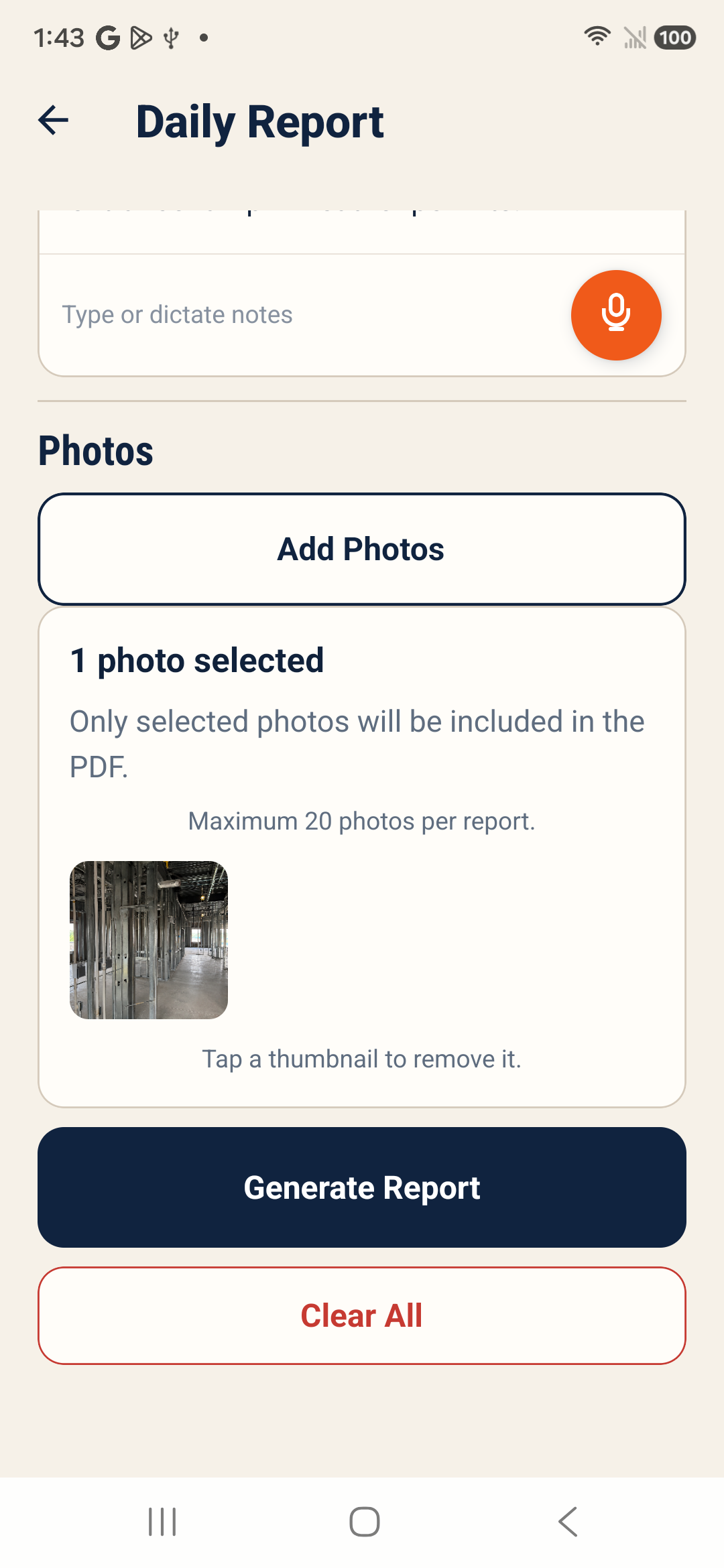 BuildMinute™ version 7.1.6 Daily Report screen with a selected jobsite photo and Generate Report button