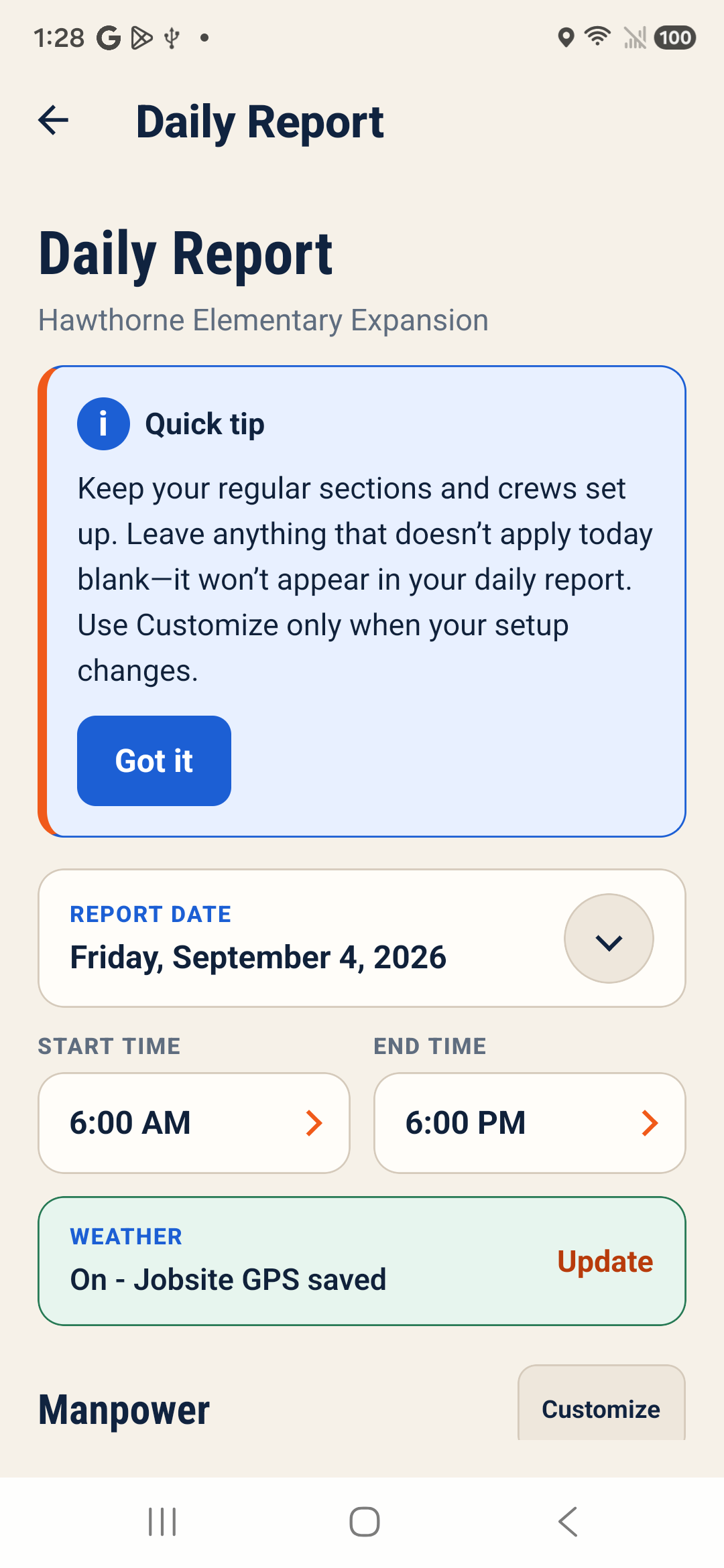 BuildMinute™ version 7.1.6 Daily Report screen with a dismissible tip about leaving unused crews and sections blank