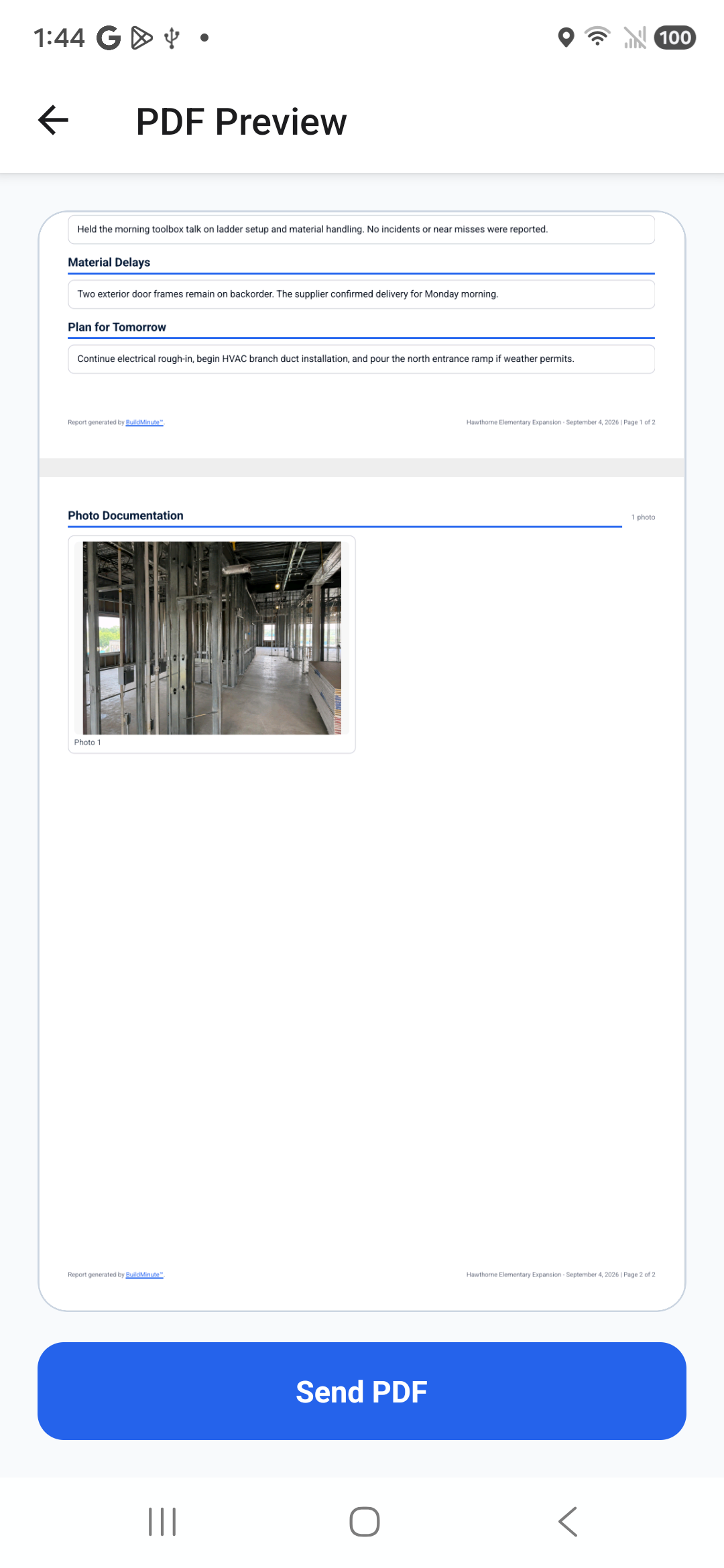 BuildMinute™ version 7.1.6 preview of a professional construction daily report PDF with jobsite photo and BuildMinute footer