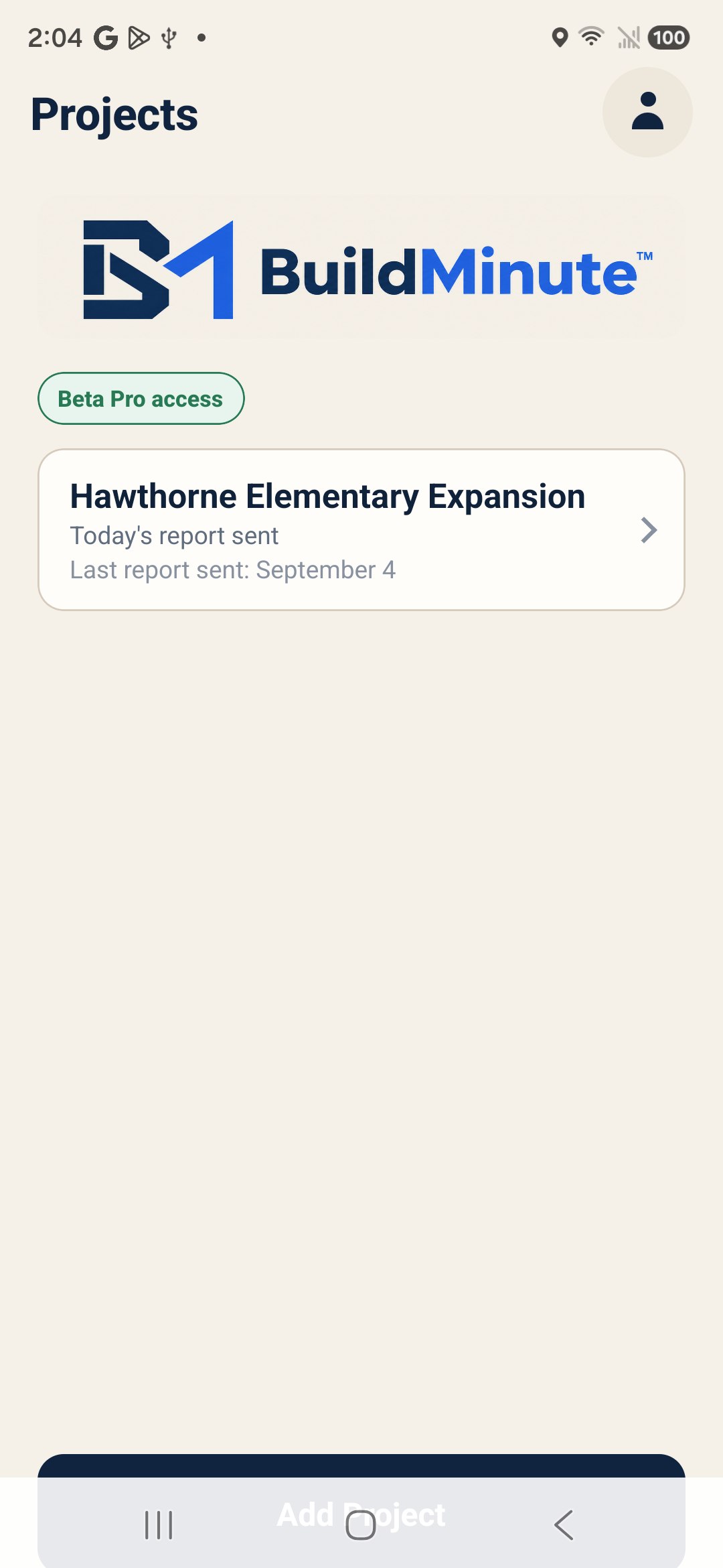 BuildMinute™ version 7.1.6 Projects screen using the Warm Jobsite design and showing trial access and report status