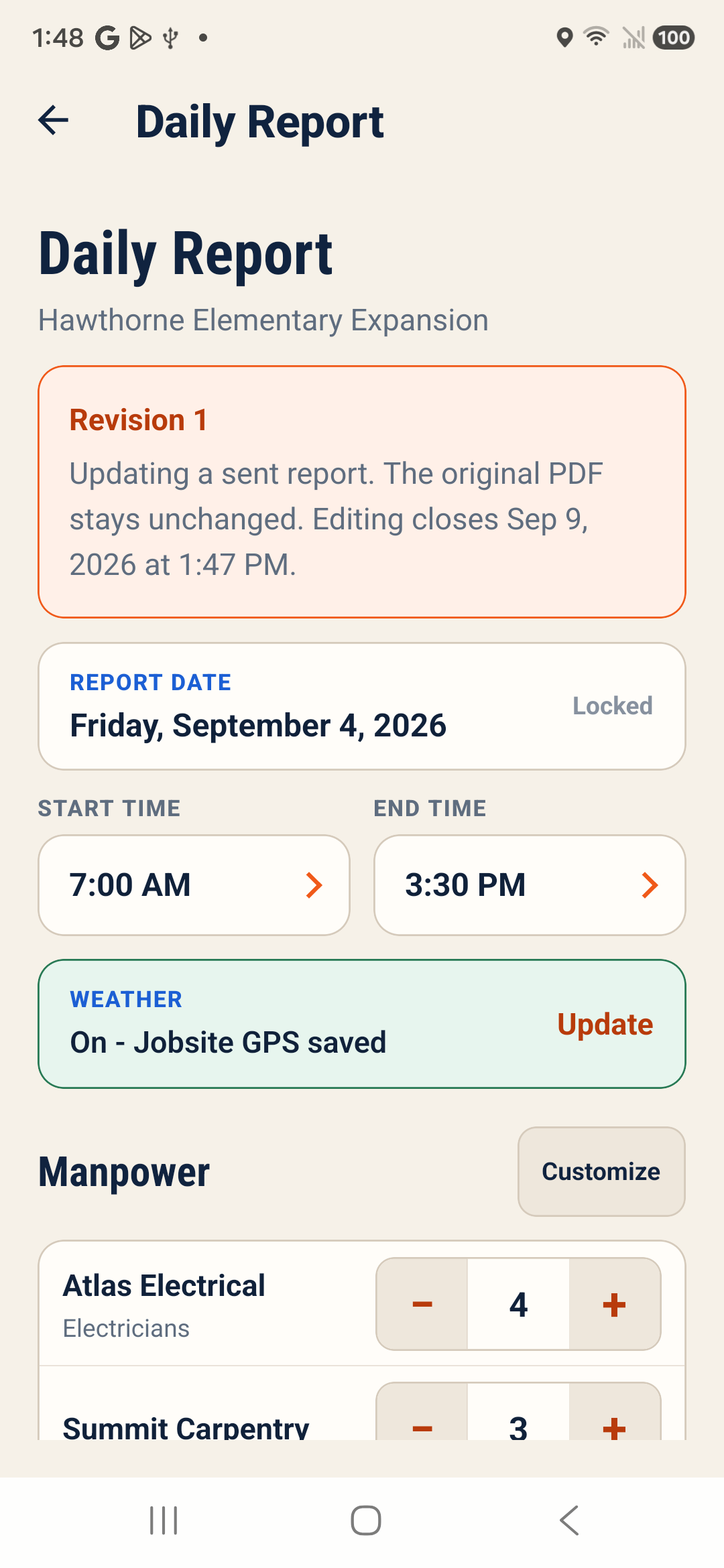 BuildMinute™ version 7.1.6 revision editor explaining that the original report remains unchanged