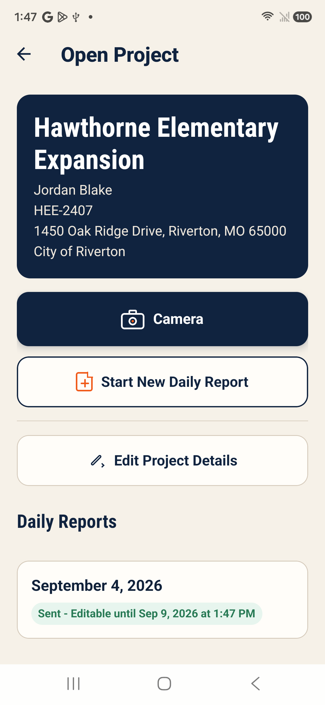 BuildMinute™ version 7.1.6 project screen showing a sent report and its five-day editing deadline