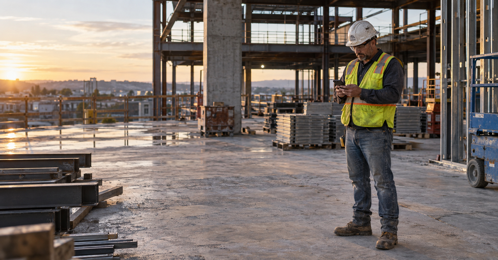 A construction superintendent using a phone to document an active commercial jobsite near the end of the workday